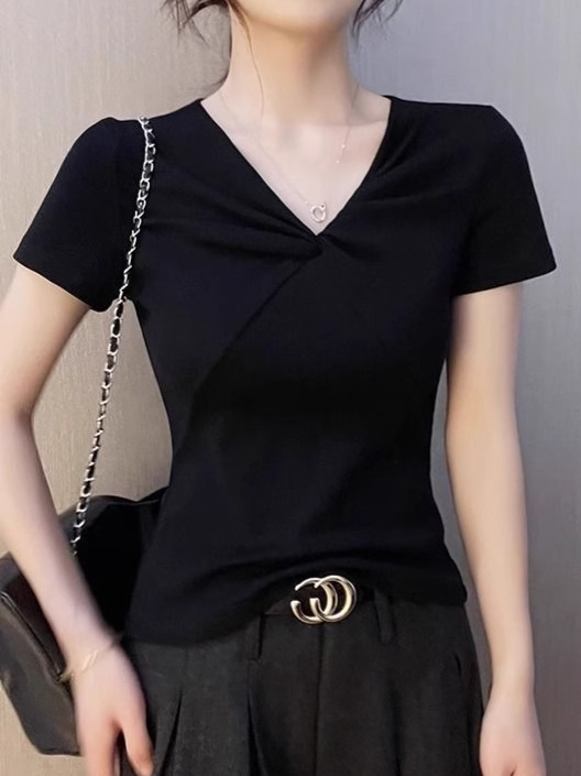 卸売ハイエンドシャツレディースVネック半袖Tシャツ夏純粋な欲望ツイストデザイン右肩スリムフィットトップ|undefined