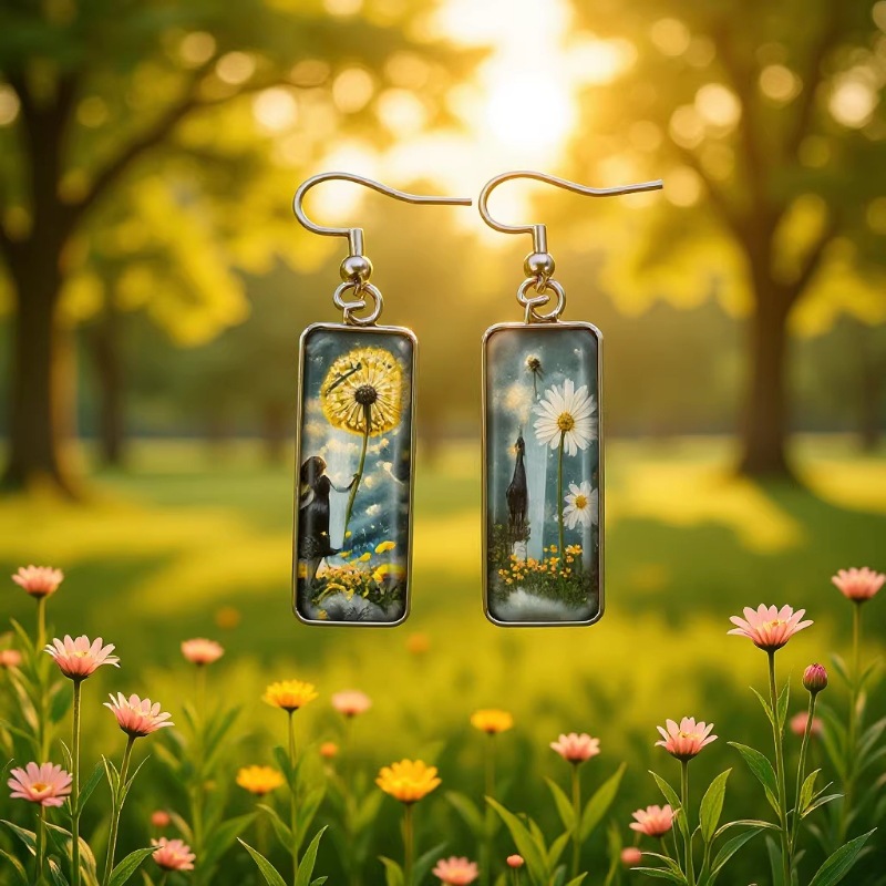 Cross-Border 2025 Flower Earrings Dandelion Fairy Girl Rectangular Pendant Earrings Small Yellow Flower Creative Glass Earrings