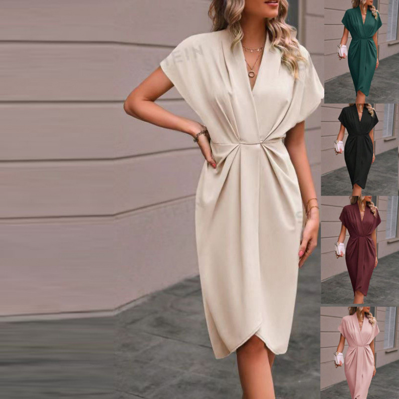 In-Stock 25 New Summer European and American Cross-Border Women's Clothing Amazon Solid Color Satin V-Neck Short-Sleeve Waist-Cinching Long Dress