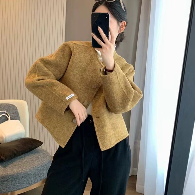 Factory Direct Sale Double-Sided Cashmere Coat for Women, Short Style, 2025 Autumn and Winter New Korean Style, Round Neck Woolen Coat, Loose Fit