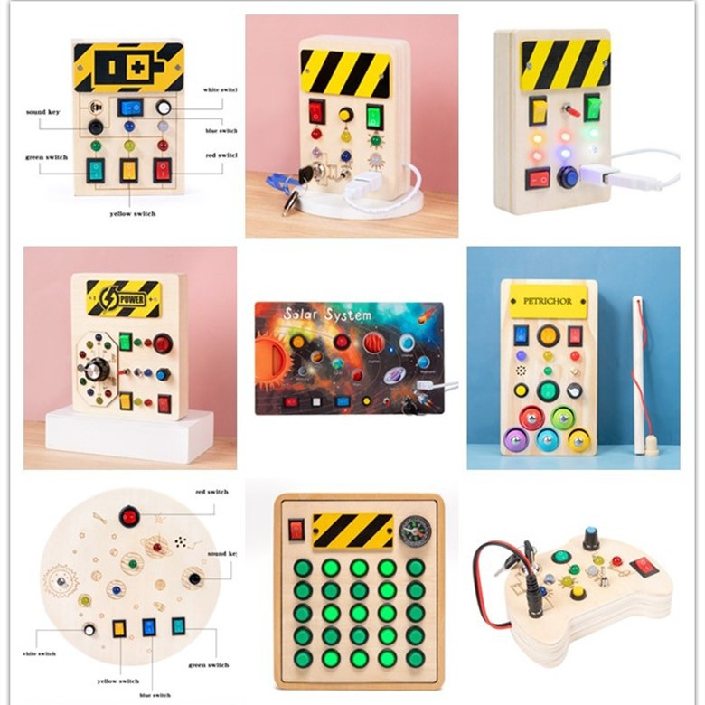 Juguetes de madera interruptor LED placa de circuito analógico Junta ocupada Montessori ayuda educativa juguetes de ensayo temprano Montessori