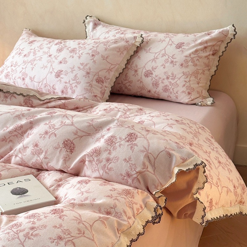 Nordic French Vintage Boho Class A 100% Pure Cotton Brushed French Vintage Lace Style Four-piece With Printed Duvet Cover And Bed Sheet 3-piece Set_voghion.com