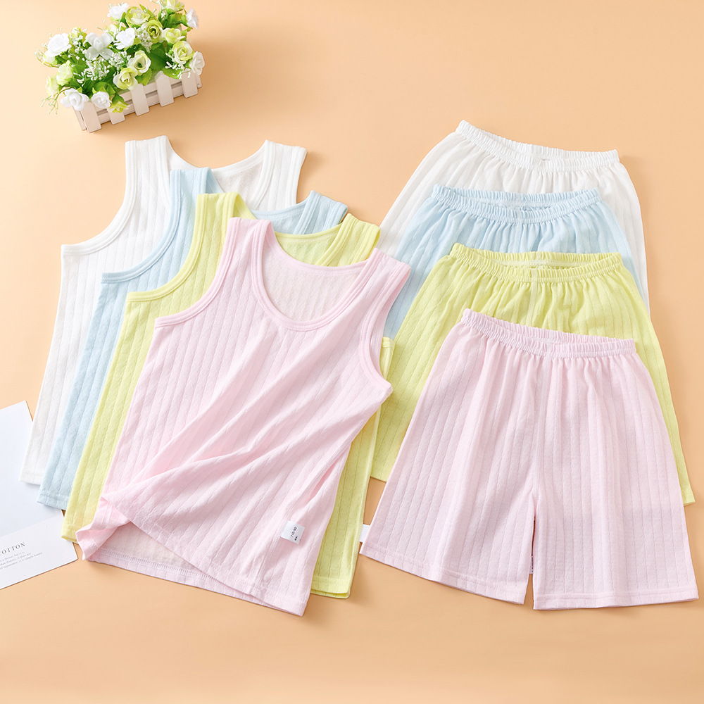 Children's Vest Shorts Suit Summer Pure Cotton Jacquard Breathable Pajamas Sleeveless Shirt Thin Air-Conditioned Clothing 5 Points 2 Pieces