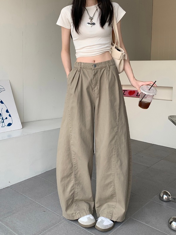 美式复古卡其色弯刀裤做旧牛仔裤女秋季显瘦百搭宽松阔腿裤长裤子|undefined