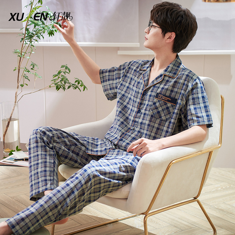 Pijamas de hombre verano Delgado 100% algodón pantalones de manga corta Cardigan a cuadros ropa para el hogar verano más traje de tamaño