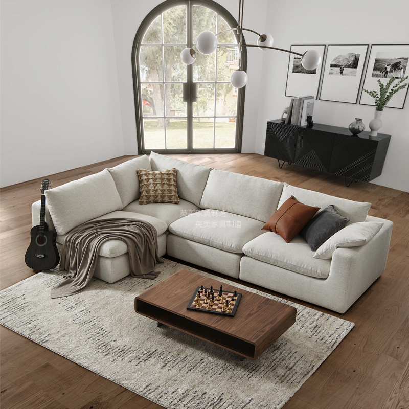 Sala de estar de lino nórdica combinación de nube de arena moderna simple línea directa módulo de hotel crema sofá de esquina de viento