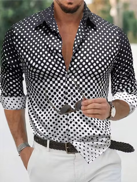 Men's Gradient Print Long Sleeve Hawaiian Shirt, Oversized Casual Vacation Shirt With Flip Collar, Breathable Streetwear & Beachwear_viptrois.com
