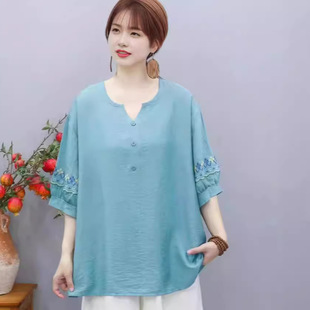 Summer New Korean-style All-match Loose plus size Solid Color T-shirt Artistic Retro Embroidered Tencel Cotton Linen Top