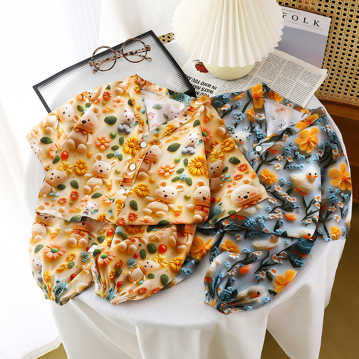 Conjunto de pijamas de seda de algodón para niños, ropa de aire acondicionado de algodón artificial de verano, ropa para el hogar de seda de algodón para niños y niñas, ropa para niños de dos piezas