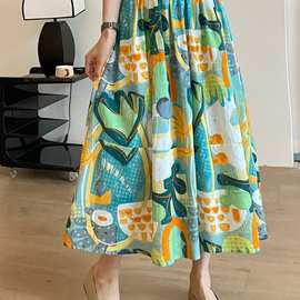 小清新甜美涂鸦印花半身裙女 夏装文艺范松紧腰显瘦中长裙批发