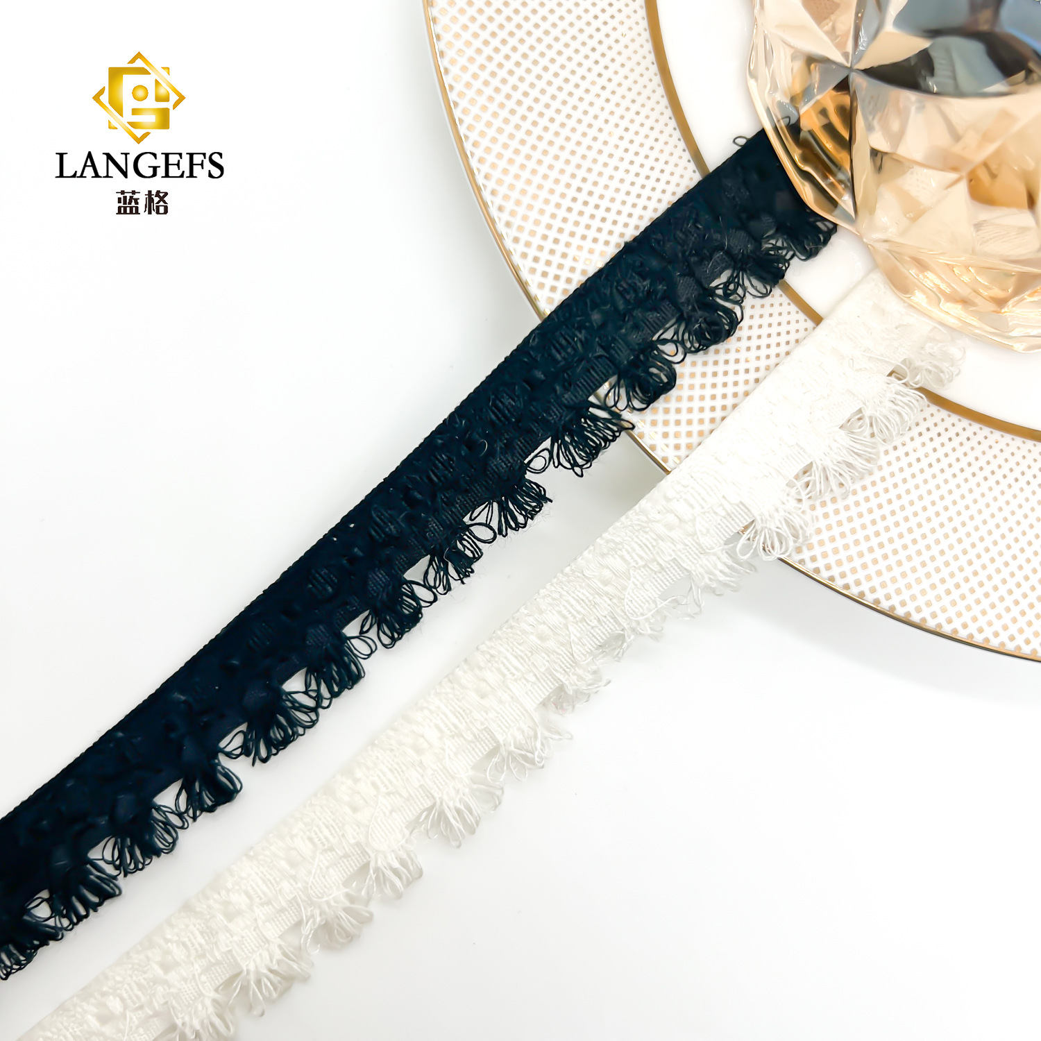 新款黑白1.8CM单边毛线耳朵流苏花边织带diy服装礼服配饰辅料花边