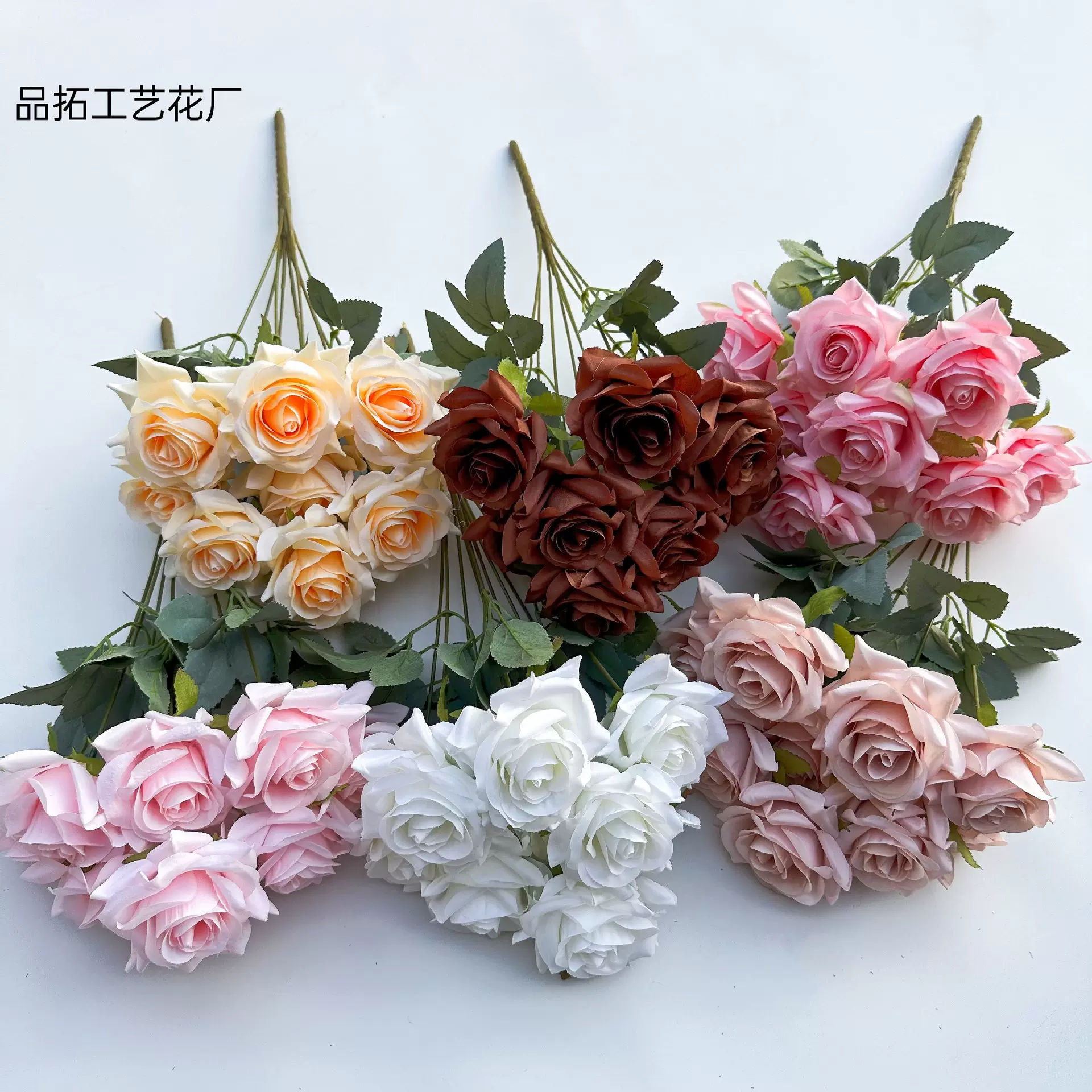9头小角玫婚庆仿真花 家居装饰假花商场造景布置外贸花厂家批发