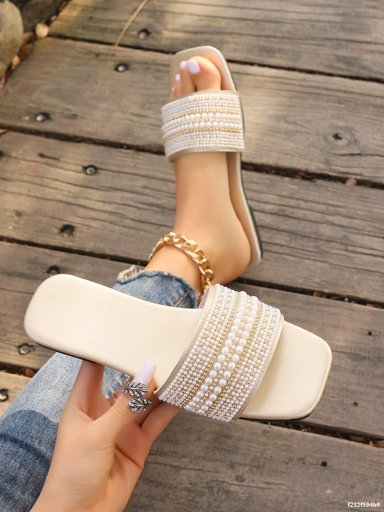 Women's Casual Solid Color Pearls Open Toe Slides Slippers display picture 6