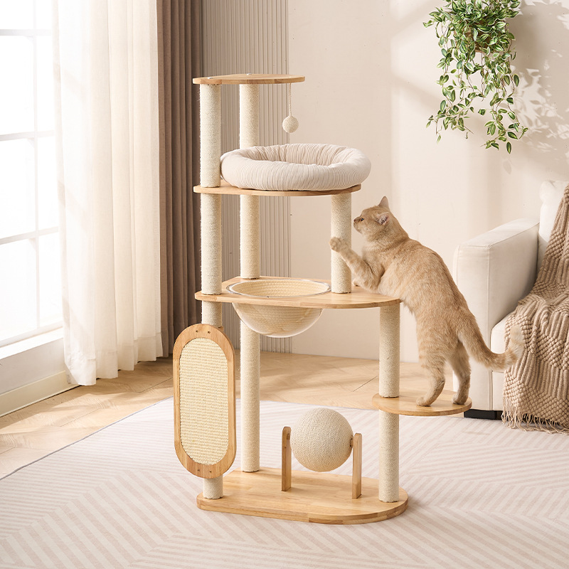 無垢材の猫クライミングフレームと猫の巣が一体化した多層家庭用スペースを占有しない耐摩耗性猫スクラッチボードスペースカプセル猫スクラッチポストサイザル麻ボール|undefined