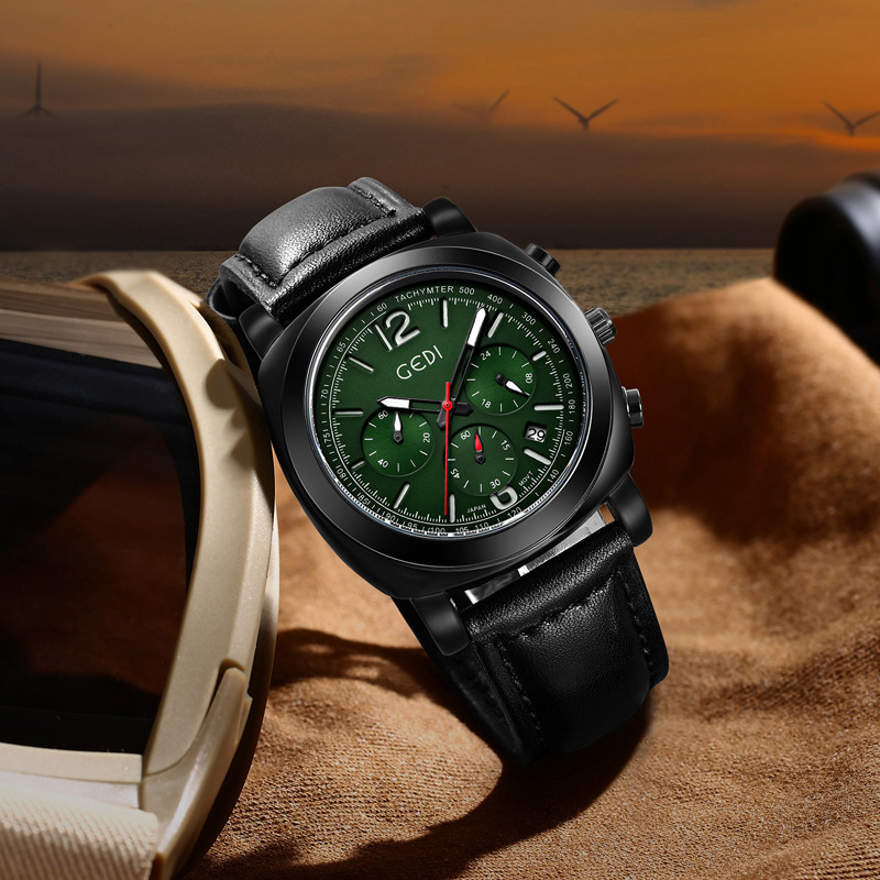 Goldie Three-eye Six-pin Advanced Sense Men's Watch Multifunctional Chronograph Calendar Leather Wrist Watch Men's Business Watch