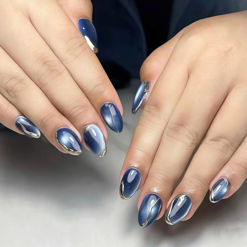 Ultra-Short Almond-Shaped Dark Blue Silver-Plated Cat-Eye Nail Stickers, Popular Cross-Border European and American Nail Art Patches for White Women with Unique Style