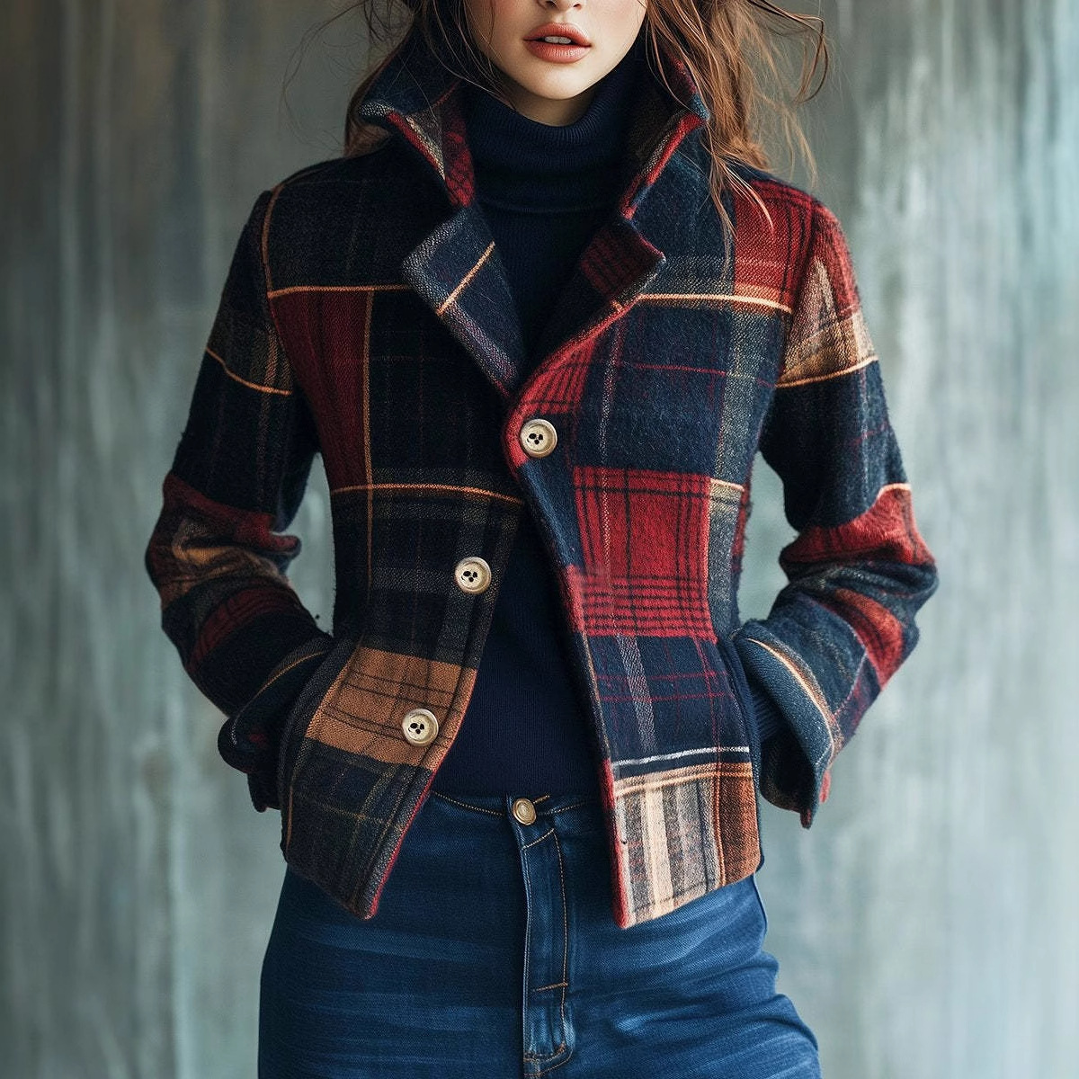 2025 European And American Women's Fashion Independent Station Plaid Retro Warm Autumn Winter Stand Collar Patchwork_ecoleips.com