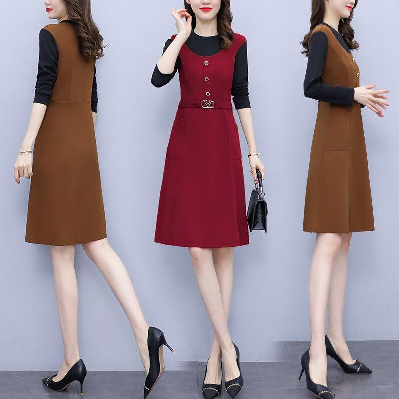 New style two-piece dress for women, 2022 autumn/winter collection, thickened for warmth, fashionable and slimming, covers the stomach, round neckline, suitable as an underskirt New style two-piece dress for women, 2022 autumn/winter collection, thickened for warmth, fashionable and slimming, covers the stomach, round neckline, suitable as an underskirt
