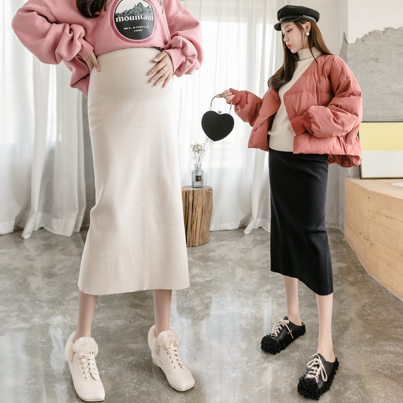 Real Shot Pregnant Women Half-body Autumn and Winter Pregnant Women Mid-length Fashionable Knitted Wool Hip Skirt