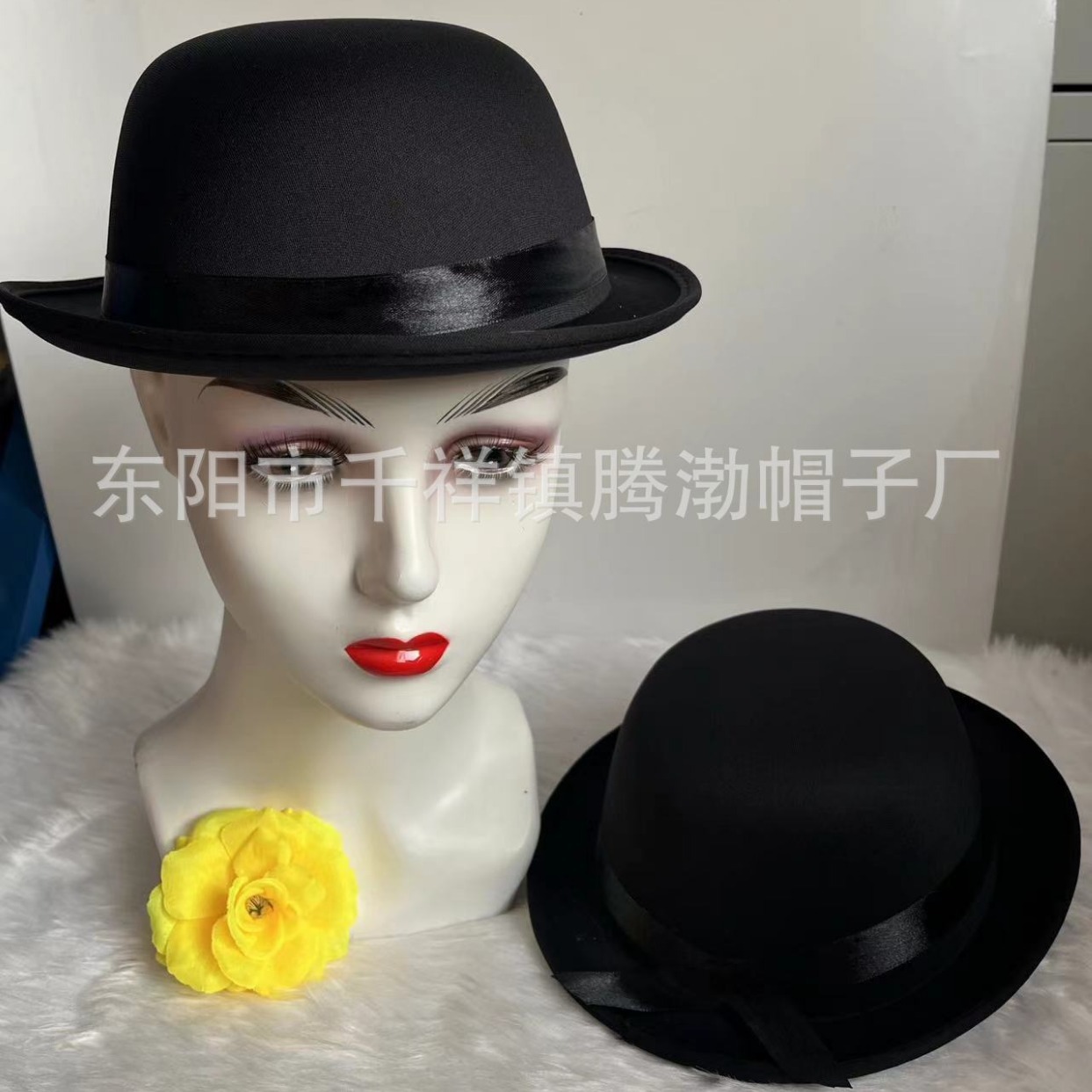 Tejido de punto negro transfronterizo pequeño sombrero redondo Compuesto de EVA que forma sombrero redondo logotipo imprimible fiesta Sombrero de bombín pequeño negro