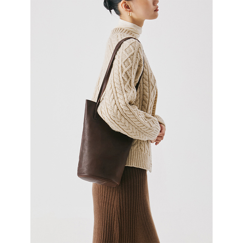 Qiu Zhen Lazy Water Bucket Genuine Shoulder Unique Soft Leather Women's Ba, Commutin Top Layer Plant Tanned Cowhide_voghion.com