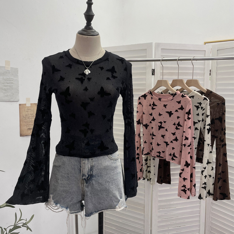 Sexy Butterfly Flocking Shiny Mesh Long Sleeve T shirt Large Bell Sleeve Short Slim Top