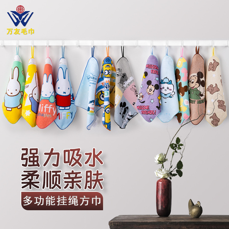 Cartoon printed cotton square children's lanyard absorbent small towel cotton kindergarten wash face towel wholesale