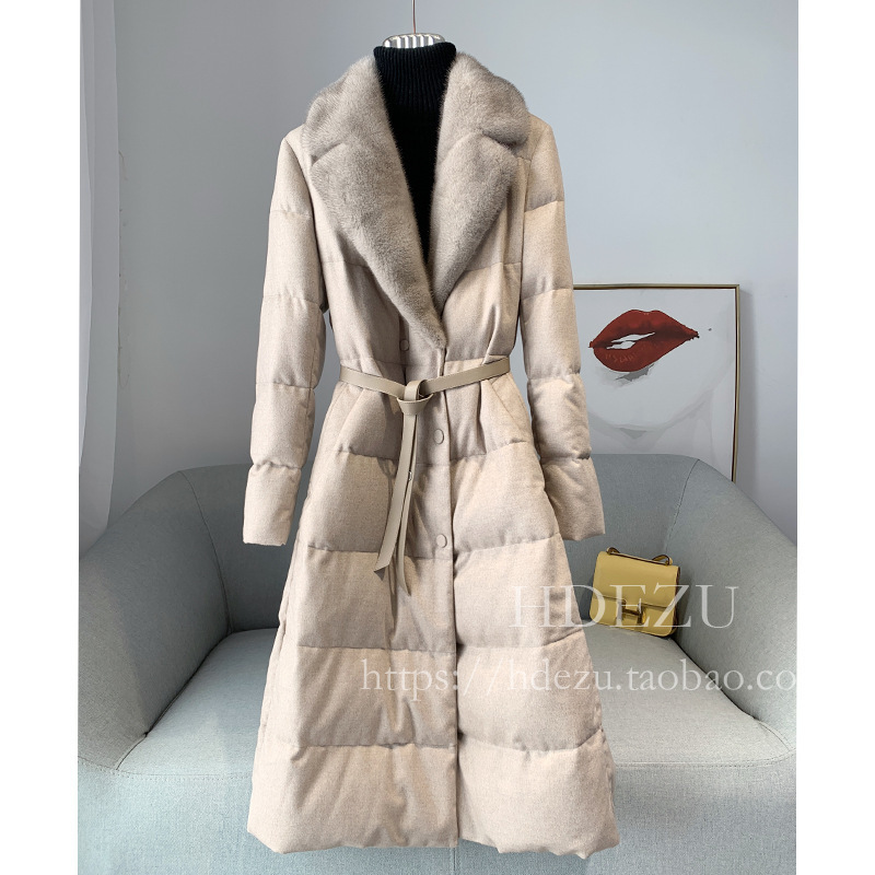 Elegant High-End Mink Fur Collar Goose down Jacket Women's Long Cashmere down Fur Coat 2025 Winter New