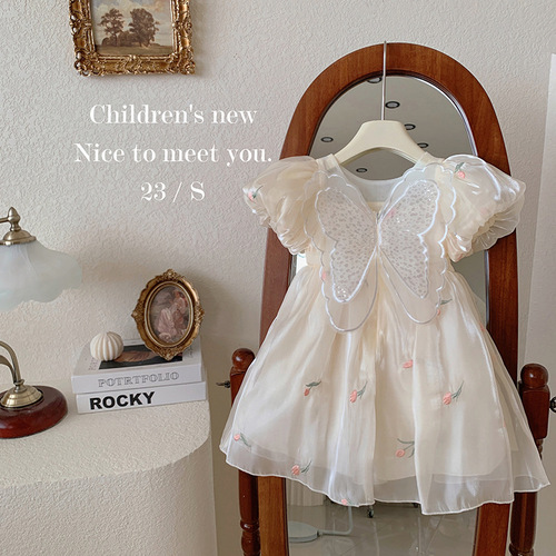 2024 new summer girls' sweet three-dimensional sequin wings embroidered flower puff sleeve short-sleeved princess dress