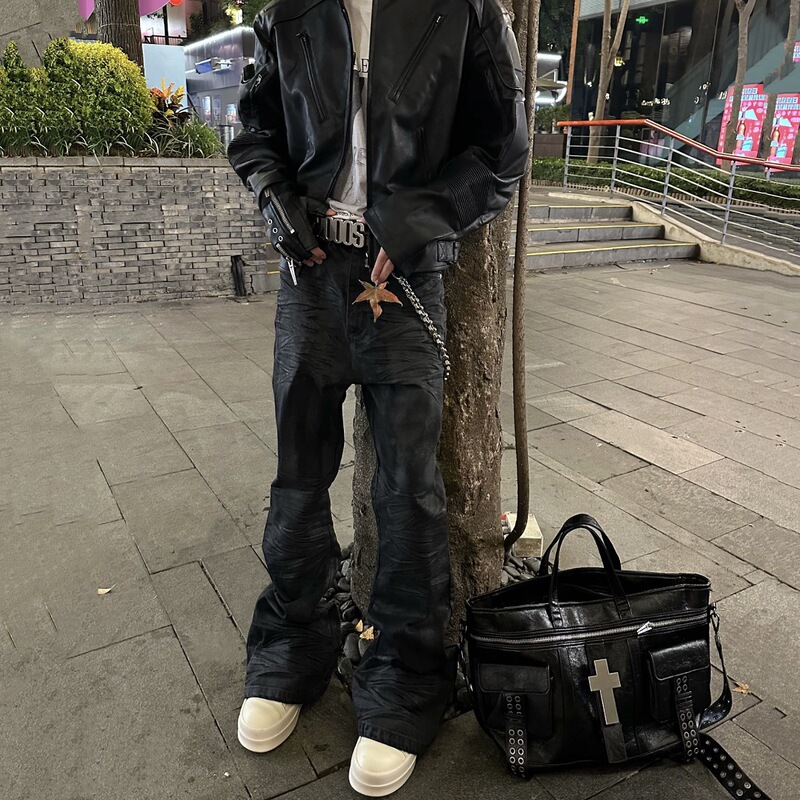 American-Style Hand-Brushed Waxed Vinyl-Coated Stretch Bootcut Jeans Casual Floor-Length Pants for Men Trendy