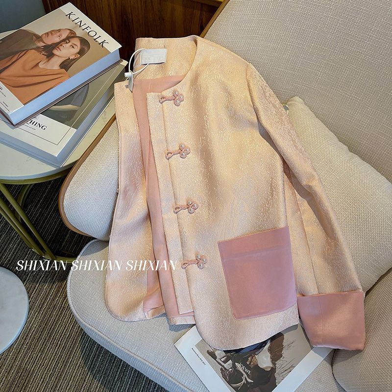 粉色女士短外套早秋新款小个子设计感短款民国风中式盘扣上衣