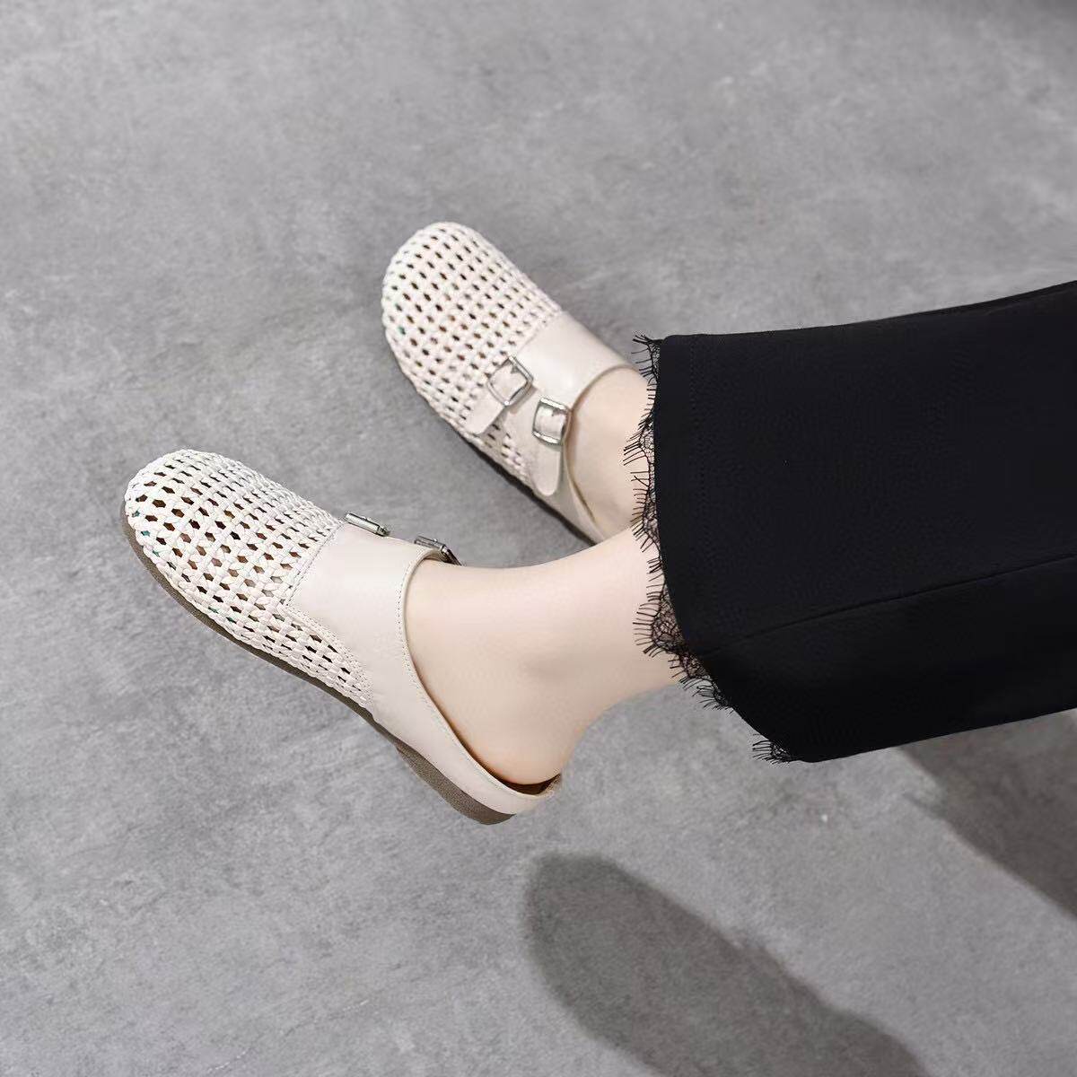 Dép sandal nữ da thật mũi tròn đan dệt phẳng gót mềm chống trượt — màu be chi tiết 4