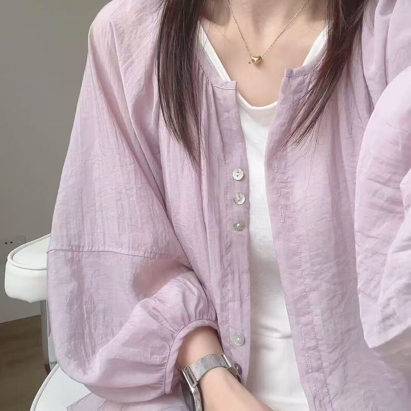 Dopamine Commuter Outfit Chiffon Shirt for Women, Layered Loose Fit, Slimming, Sun-Protective Long-Sleeve Shirt with Cardigan