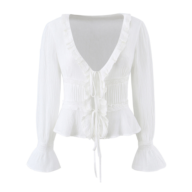 2026 New Style Sweet Lace Trim V-Neck Layered Decorative Tie Long-Sleeve Shirt Retro Slim-Fit Top 2026 New Style Sweet Lace Trim V-Neck Layered Decorative Tie Long-Sleeve Shirt Retro Slim-Fit Top