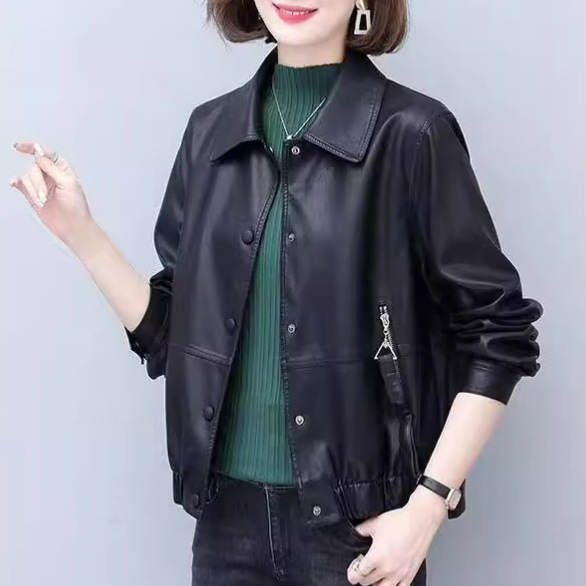 All-Net Low Price Spring and Autumn Thin Stylish Fashion Short Lapel PU Leather Women's Coat Jacket Button Clothes