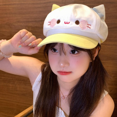 甜美可爱小鱼猫咪贝雷帽女卡通显脸小百搭八角帽出游报童画家帽子