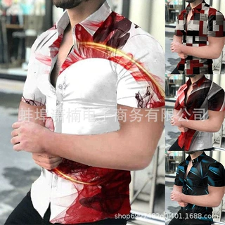 2023欧美男装短袖衬衫宽松3D数码印花图案嘻哈开衫男独立站衬衫男