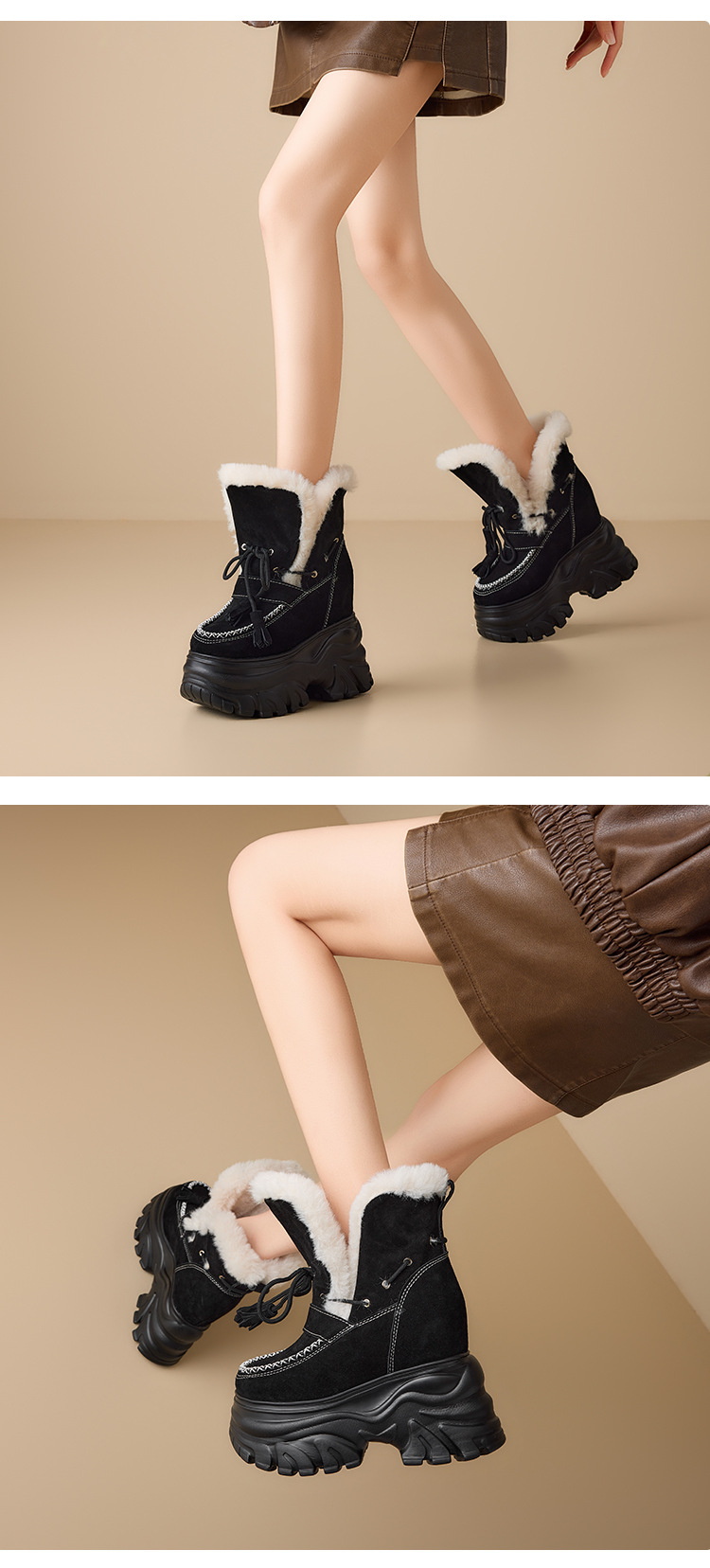 Boot nữ cổ cao ôm bắp chân đế dày 14 cm, chất nhung đen ấm áp — nhung đen chi tiết 3