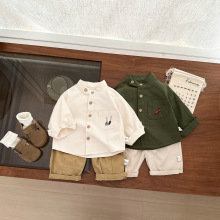 宝宝纯棉衬衫秋装2025新款帅气小童洋气刺绣立领衬衣婴儿百搭上衣