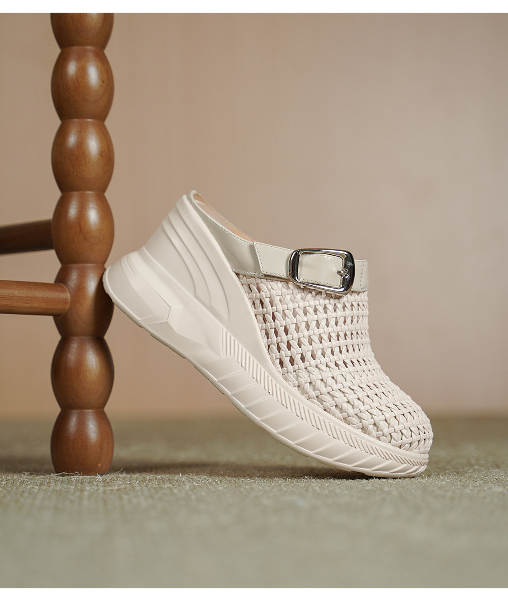 Sandal cao gót nữ mũi hở đế xuồng 8.5cm da thật kiểu La Mã đan lưới — màu đen, màu mơ chi tiết 15