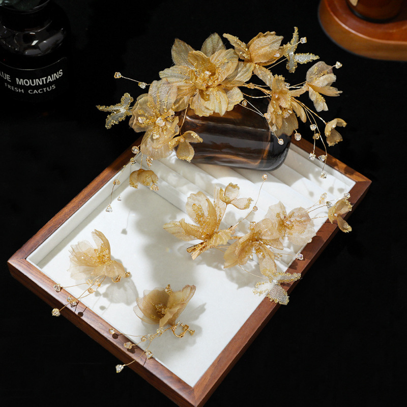 赫拉新款中式酒红色花朵水晶不对称边夹发饰旗袍礼服跟妆新娘头饰|undefined