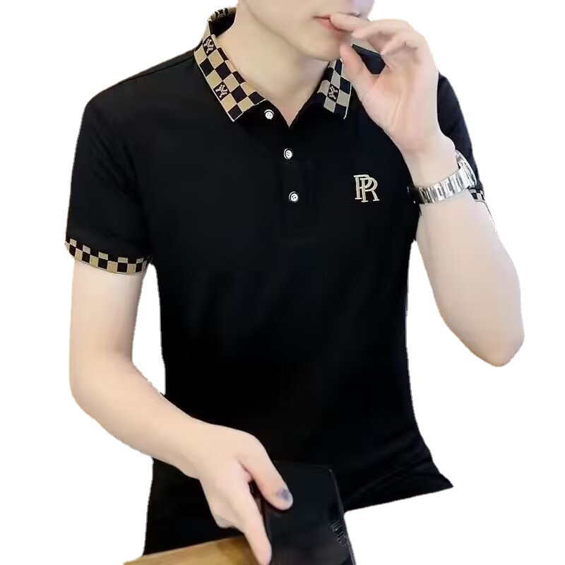 Camisa de polo de los hombres de manga corta Camiseta solapa de los hombres de verano superior 2023 verano negocio bordado de color cuello alto elástico slim fit