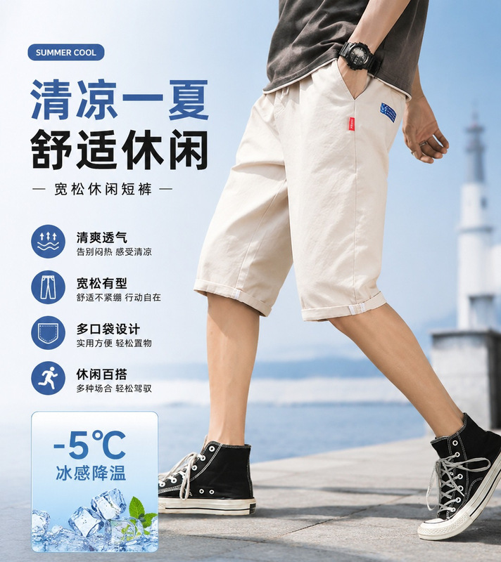 Men's Pure Cotton Casual Shorts, Summer Thin Style, Loose Mid-Length Pants, Sports Seven-Point Pants, Horse Riding Pants