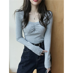 Plus Size 150kg Square Neck Long-Sleeved Shirt for Women Spring & Fall New Tight-Fitting Pure Lust Style Inner Flesh-Covering Top Bottoming Shirt