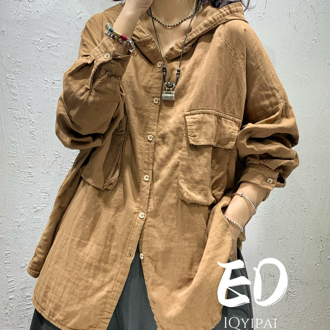 (2개) ED8967 더블 레이어 코튼 대마 모자 느슨한 대형 에디션 셔츠 2023 새로운 솔리드 컬러 패션 캐주얼 카디건 재킷