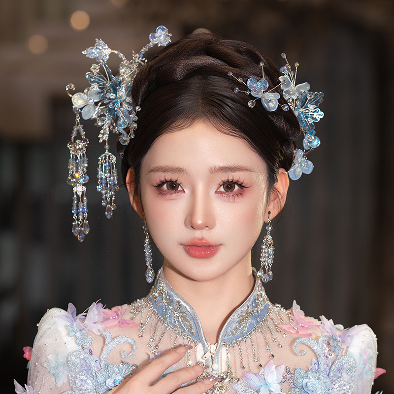 Xiuhe 頭飾り新しい中国風の古代衣装青いガラスの花のヘアピン Xiuhe スーツウェディングドレスチャイナドレスアクセサリー|undefined