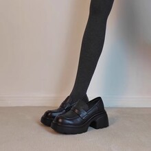 羊皮版~软皮厚底松糕一脚蹬乐福鞋女复古英伦黑色百搭小皮鞋单鞋