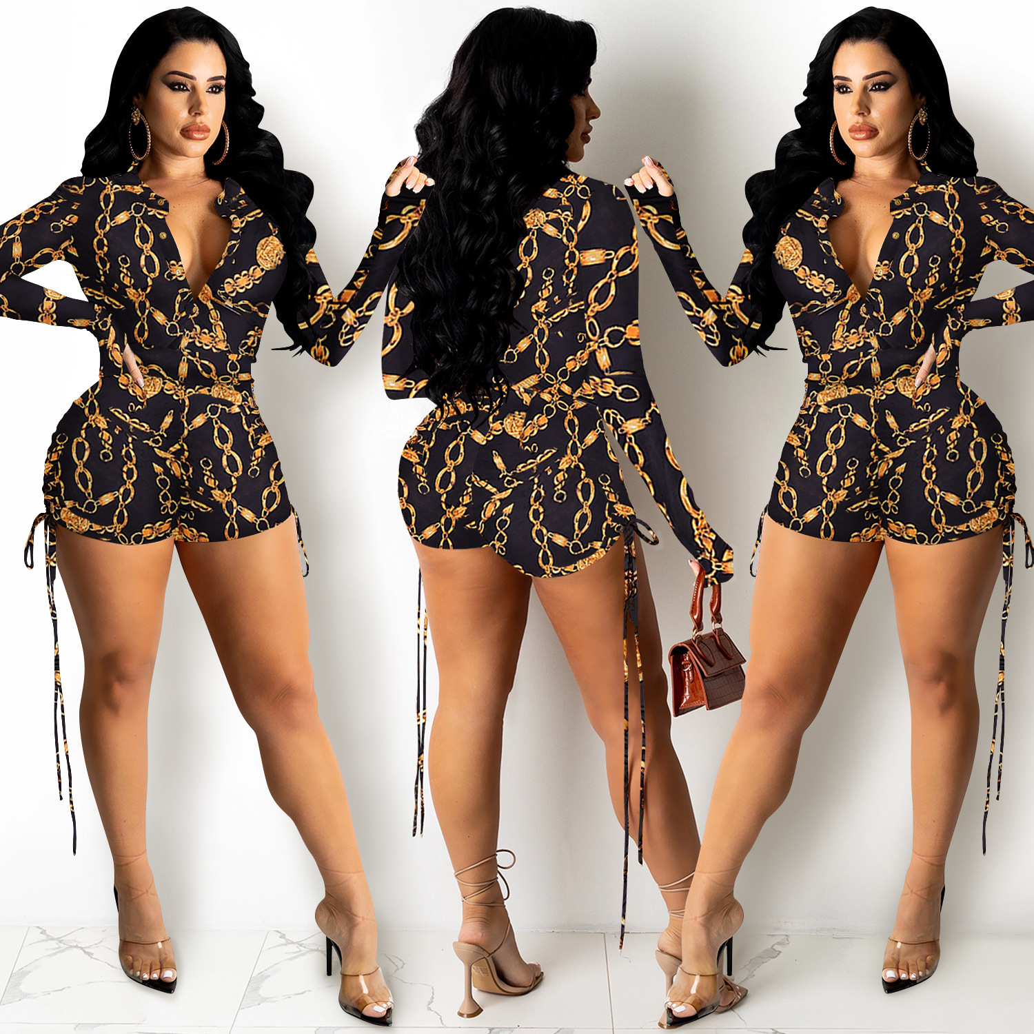 sexy print long-sleeved zipper V-neck shorts jumpsuit nihaostyle clothing wholesale NSXYZ68551