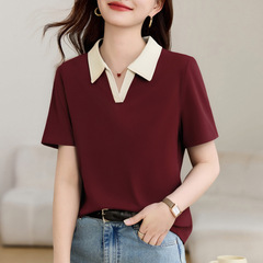 衝突色polo襟半袖tシャツ女性2025新夏正肩痩せ上着洋気減齢襟tシャツ