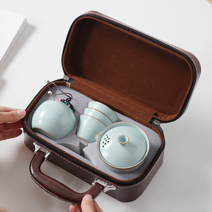Travel Tea Set Portable Ru Kiln Express Cup One Pot Three Cups Outdoor Business Gift Printing logo Accompanying Gift